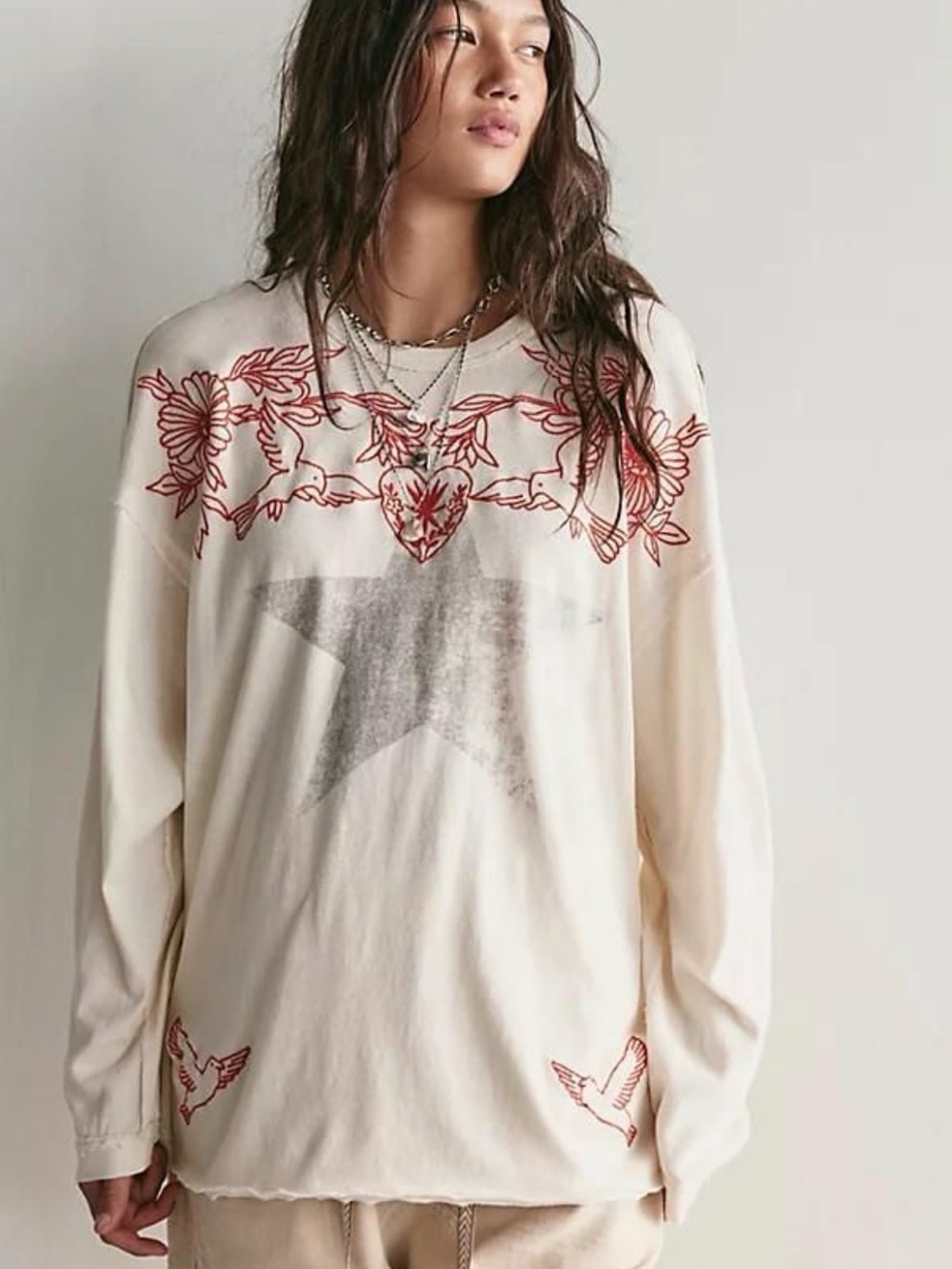 NWT Free People We The Free Fly By Long Sleeve Embroidered Tee Size S